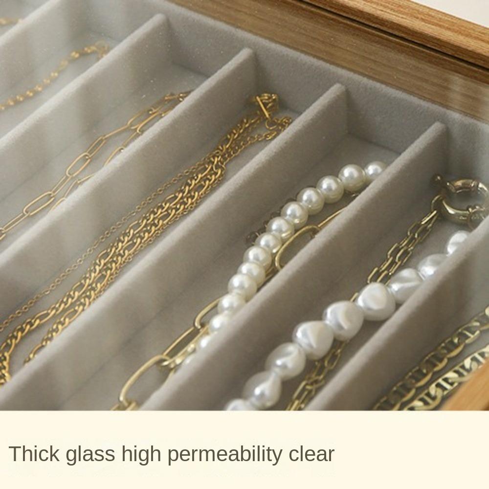 Velvet Fabric Jewelry Storage Tray Wooden Solid Color Long Necklace Box Large Capacity Glass Lid Necklace Organizer Container