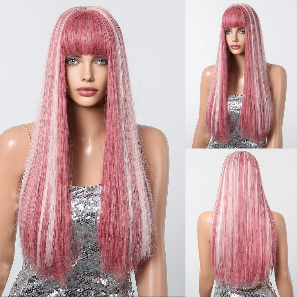 ALAN EATON Pink White Highlight Straight Wig Long Synthetic Wigs with Bangs Mixed Color Pink Party Wig for Women Cosplay Use