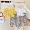 Детский костюм, летняя тонкая корейская версия для девочек, футболка с цветочным принтом, штаны с защитой от комаров, детский комплект из двух предметов