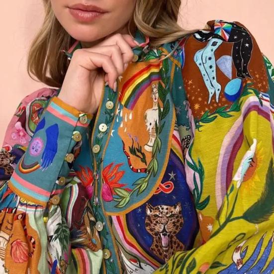 Fall Summer Women Dress Stand Collar Single-breasted Long Lantern Sleeves Slim Waist Vintage Ruffle Edge Colorful Print Mini Dress