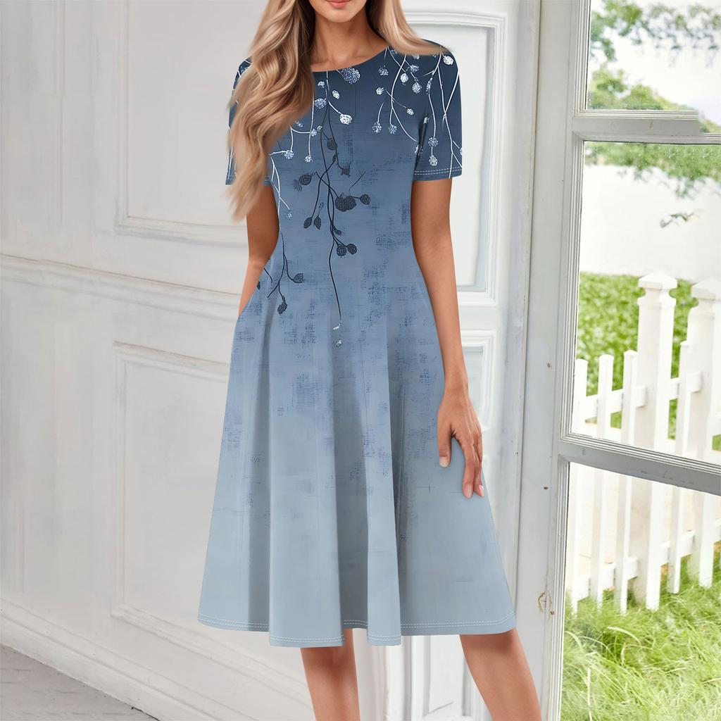 Women's Loose Casual And Fashionable Round Neck Short Sleeved Printed Mid Length Dress