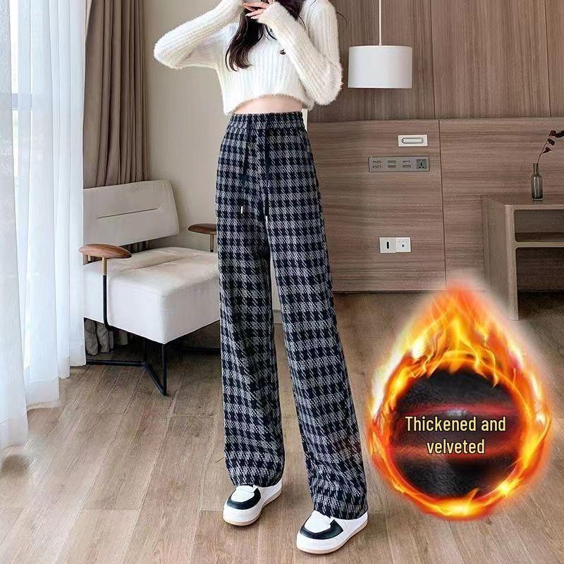 European and American Style Plaid Loose Wide-Leg Pants for Women - Autumn/Winter Collection