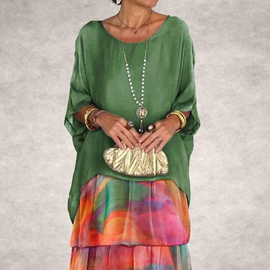 Summer Spring Women Dress Three Quarter Dolman Sleeve Fake Two-piece Multi-layer Hem Loose O Neck Printed Loose Chiffon Mesh Daily Party Maxi Dress