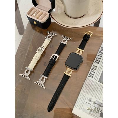 Роскошный кожаный ремешок для iWatch Serise Ultra 8 7 SE 6 5 4 3, тонкий ремешок с бриллиантами для Apple Watch 41 мм, 38 мм, 40 мм, 42 мм, 44 мм, 45 мм, 49 мм