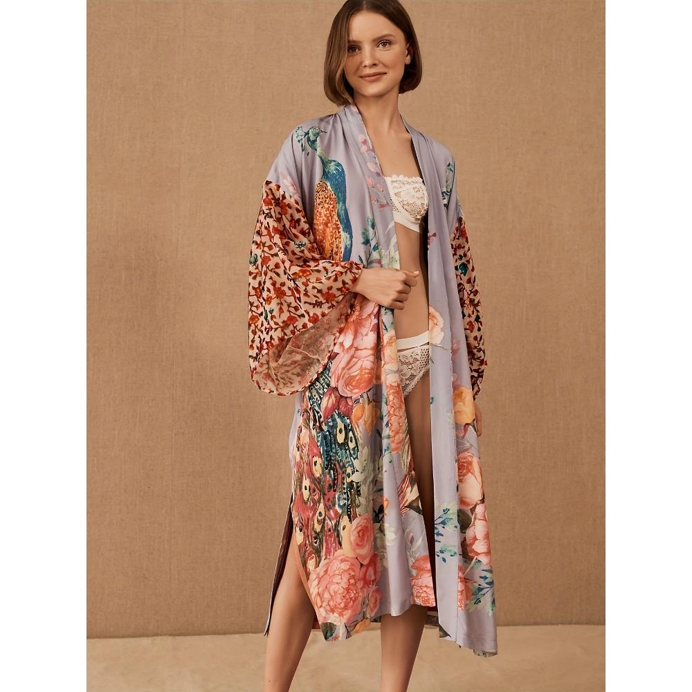 Кимоно с цветочным принтом павлина, свободные халаты с длинными рукавами и поясом, женские купальники и одежда