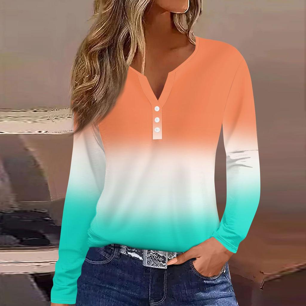 Женская модная повседневная футболка с v-образным вырезом и длинными рукавами и декоративными пуговицами, топ