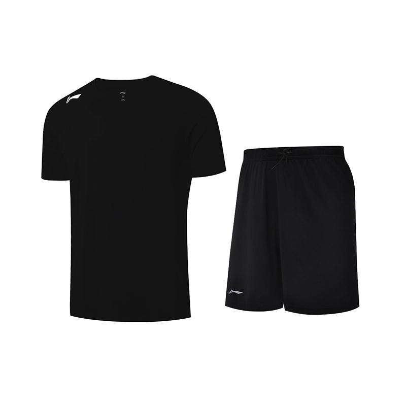 Спортивная серия Li Ning Однотонная футболка с логотипом с коротким рукавом Эластичные быстросохнущие шорты до колена Повседневный спортивный комплект Унисекс комплекты ATSV597-2+LXKW124-1