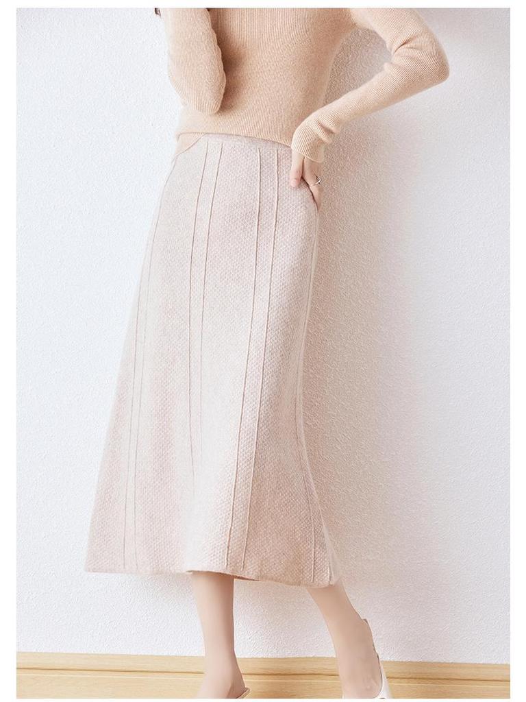 Женская шерстяная миди-юбка А-силуэта - Эластичная высокая талия, Расклешенная, Стройнящая, Вязаная для осени/зимы