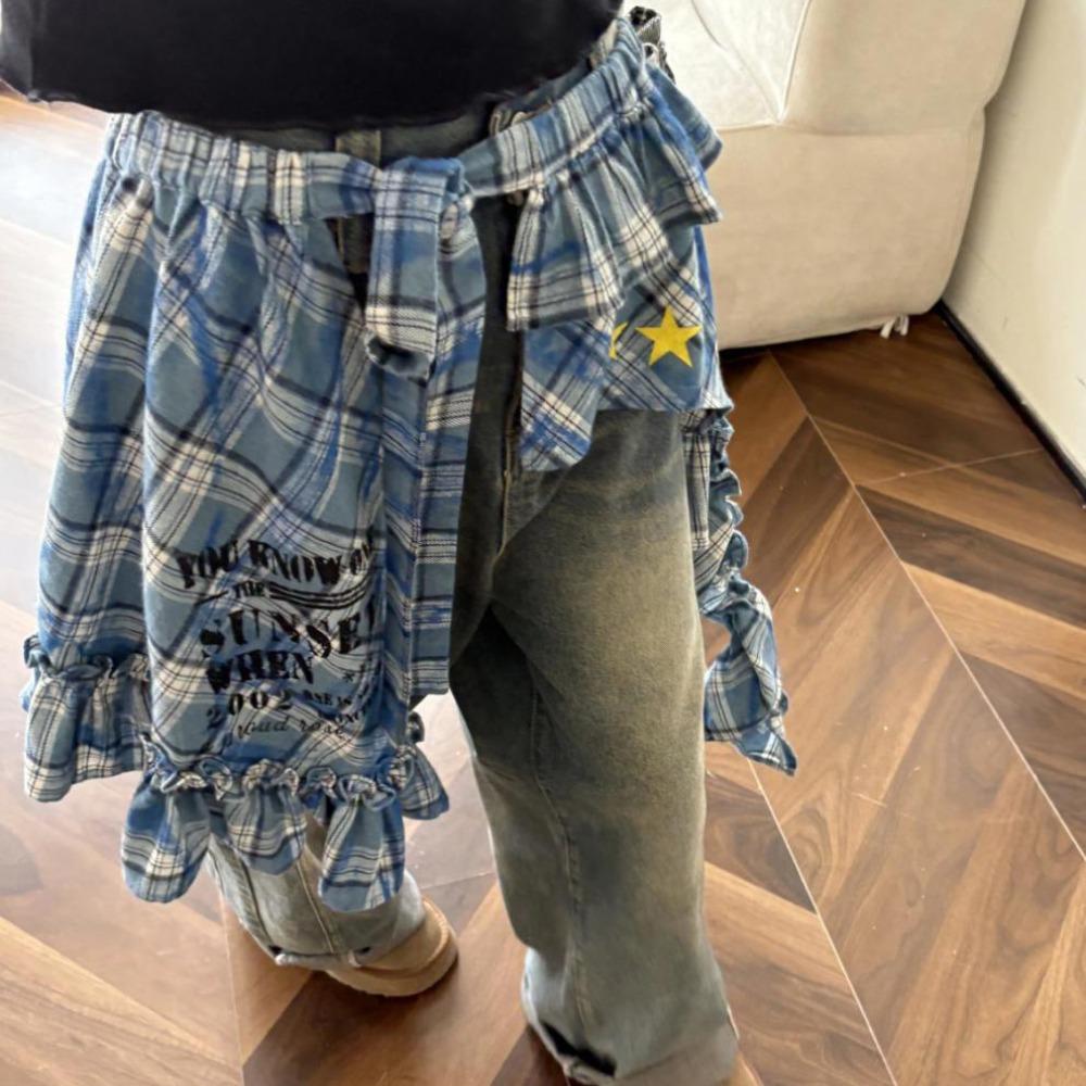 Star Lace Up Hip Scarf Hip-hop Ruffled Edge Waistband Layer Outfits Plaid Skirt Jeans Decor