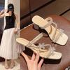 French Bow Rhinestone Women's White 2025 Summer New Popular Beautiful Matching Skirt Thick Heel Crystal and Cool Slippers