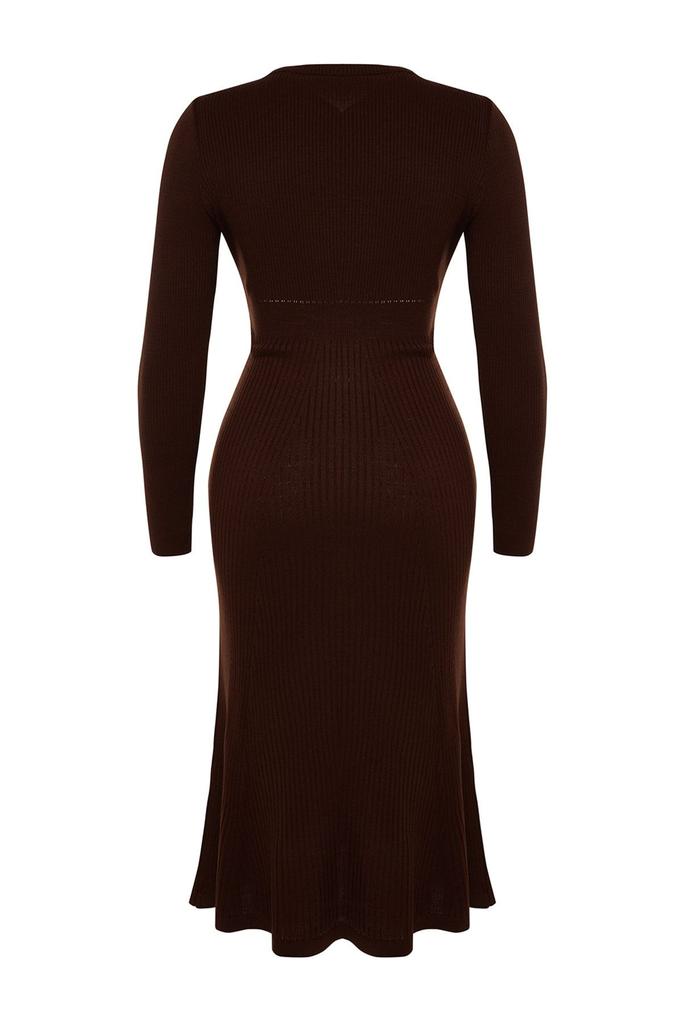 Women's Style Plus Size Brown Crew Neck Midi Knitwear Dress