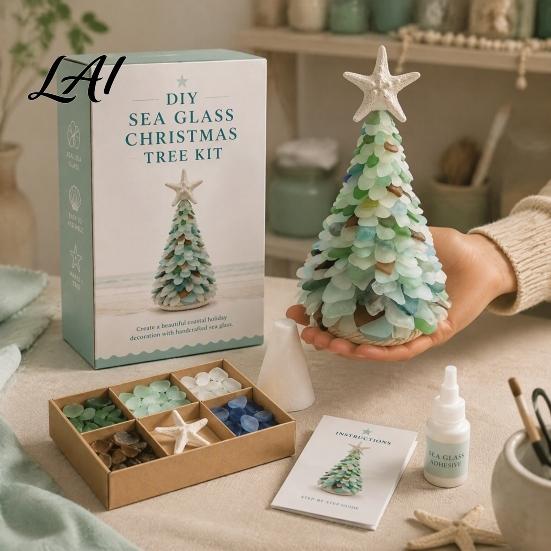 Coastal Style Crafting Set DIY Sea Glass Christmas Tree Art Kit 3D Xmas Craft Kit Screen Free Hobby with Pieces Handmade Beach-Themed Holiday