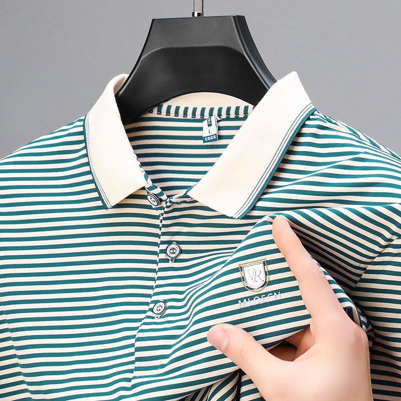 Men's Short Sleeve Cotton T-shirt Summer Stripes Loose Half-Sleeved T-shirt Business Polo Shirt Trendy Men