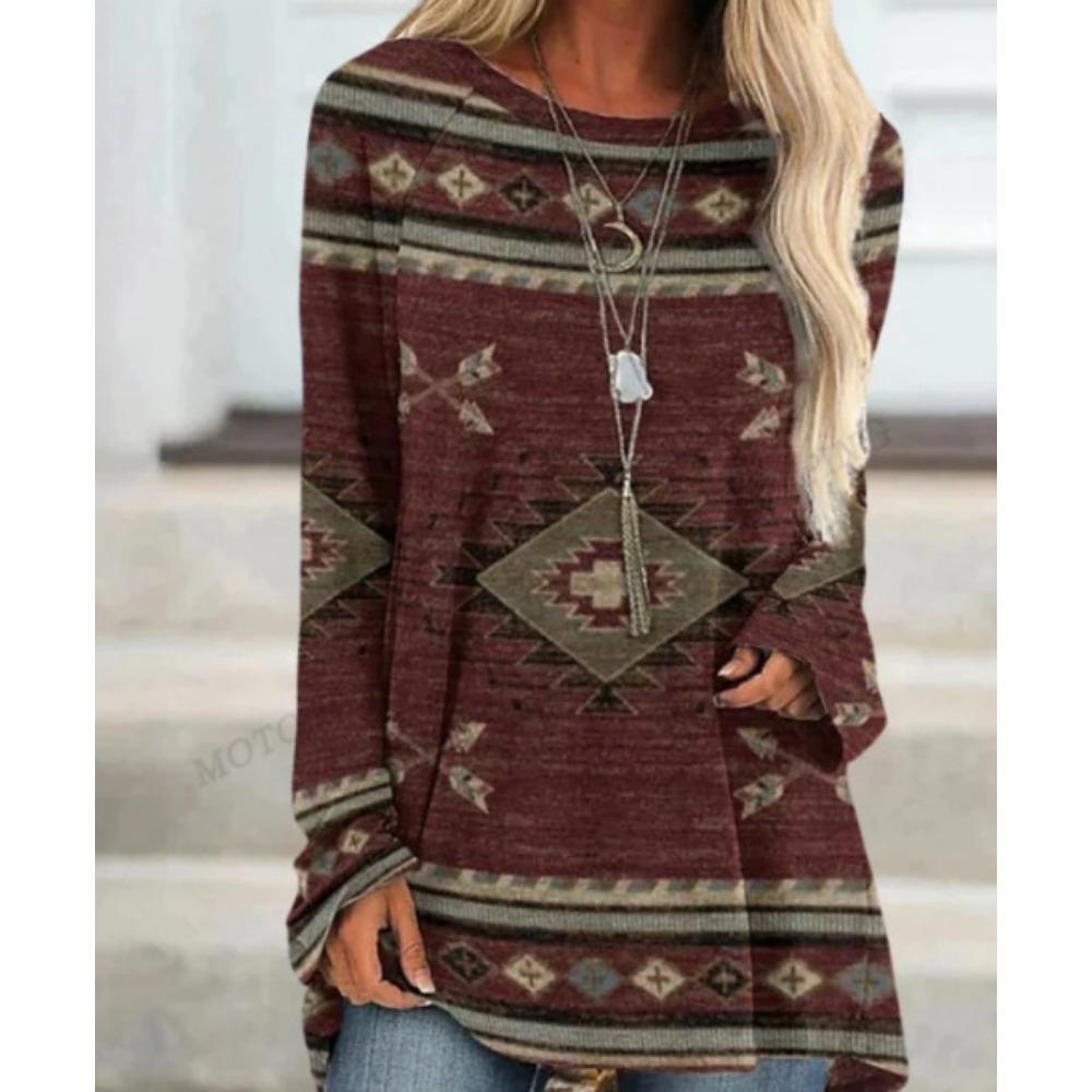 Этническая футболка с 3d принтом, женские модные футболки, повседневные топы с длинными рукавами, футболки с графическим принтом, свободные винтажные футболки в стиле Харадзюку