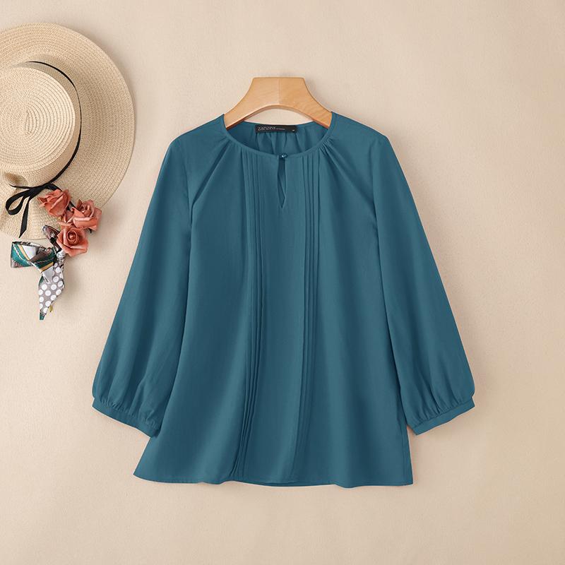 ZANZEA Женская повседневная блузка из хлопка с круглым вырезом и рукавом 3/4