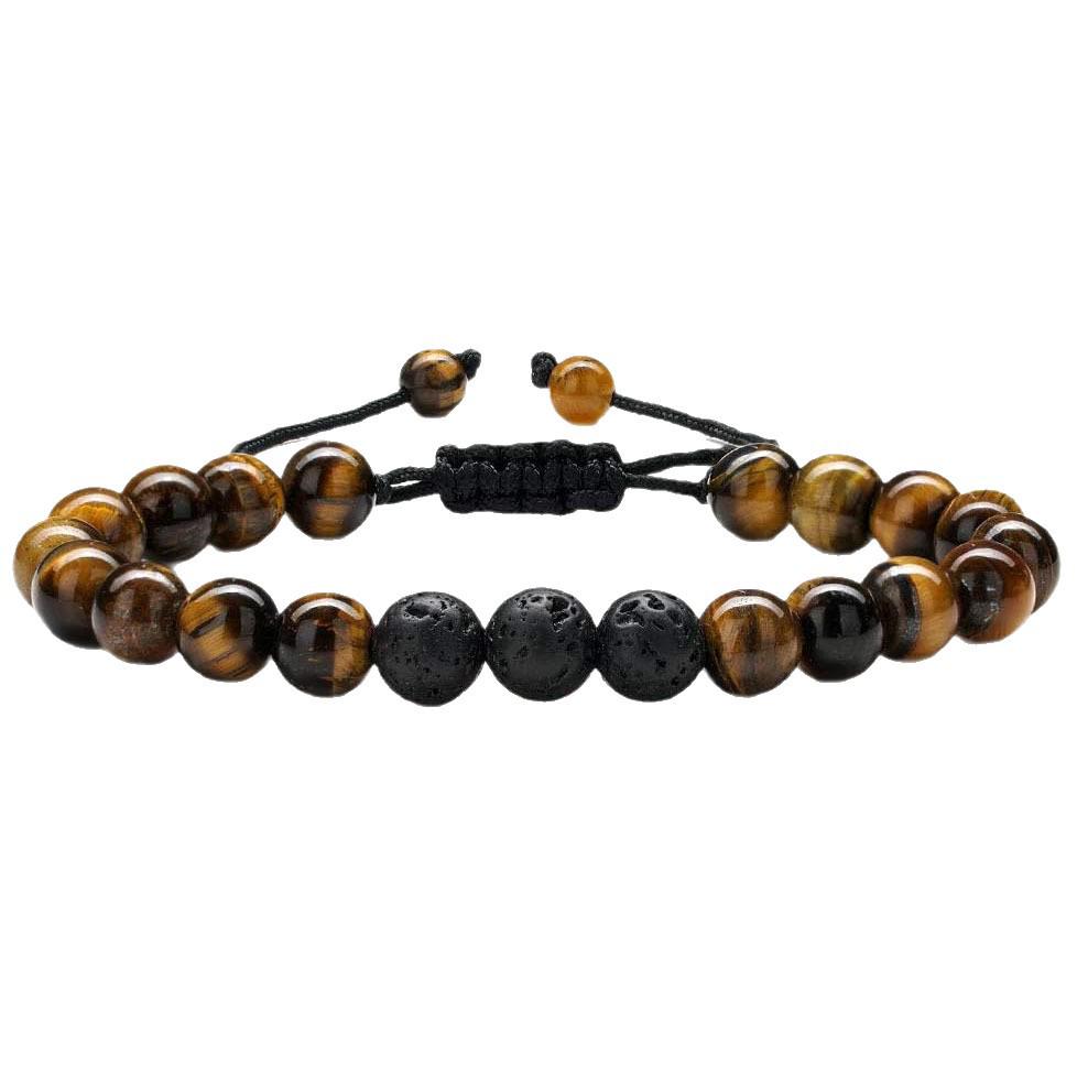 Мужской плетеный браслет из тигрового глаза и лавового камня - Подарок, ручная работа, бусины из черного агата 8 мм