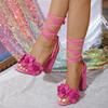 Новые Летние Модные Сандалии на Ремешке на Щиколотке с Вышивкой Цветами Женские С Открытым Носком Розовые на Высоком Каблуке Свадебные Банкетные Туфли Zapatos Mujer