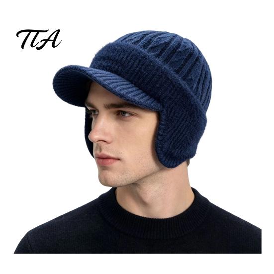Elastic Knit Cap for Large Heads Winter Hat with Brim And Ear Flaps, Fleece Lined Knitted Hat, Sports Hiking Fuzzy Warm Visor Men, Cold Weather