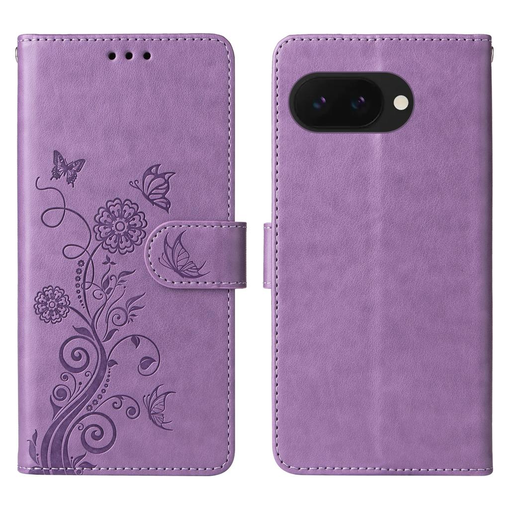 For Google Pixel 9a Leather Case Butterfly Floral Imprint Wallet Stand Cover