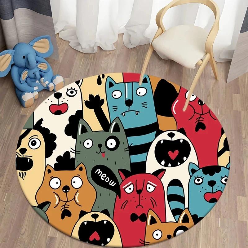 Милый ковер круглый с кошкой, мультяшный ковер с животными-кошками, коврик для офиса, гостиной, спальни, нескользящий коврик для ползания детей