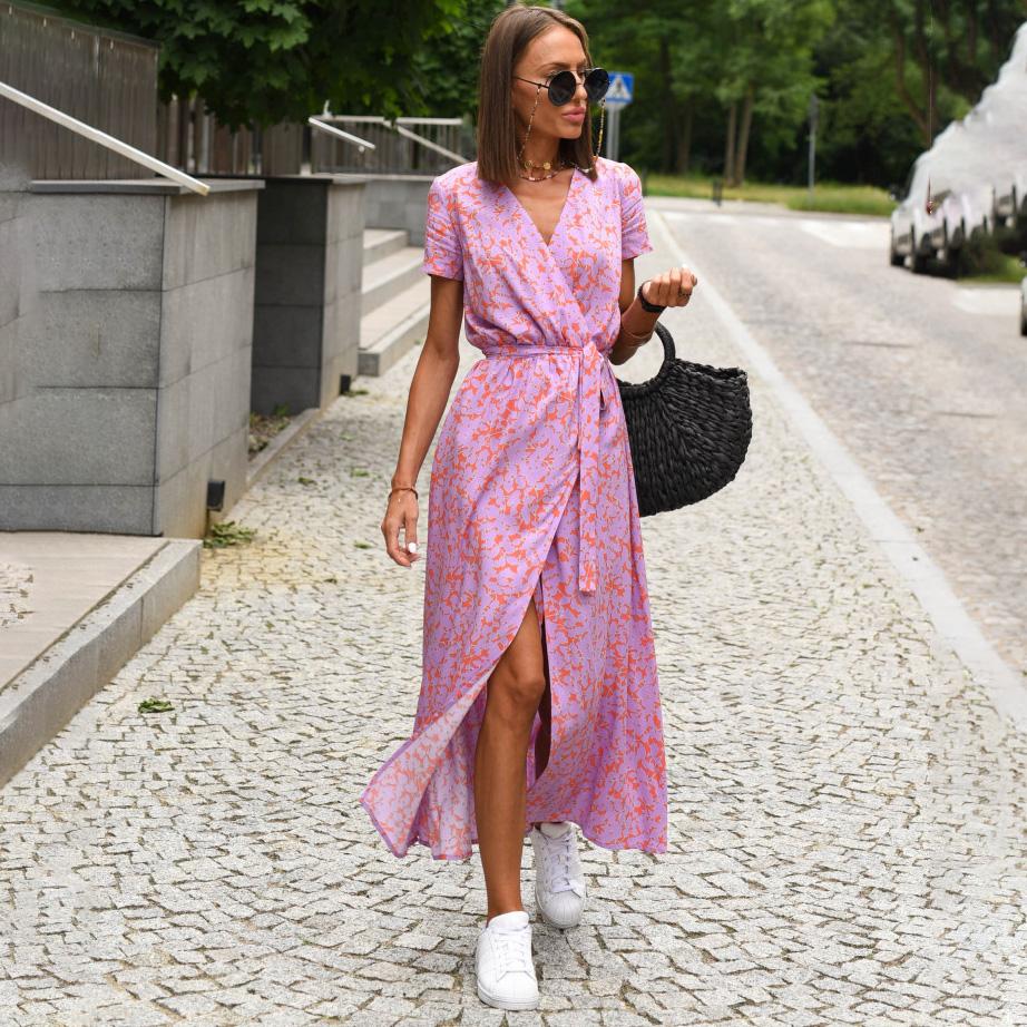 Женское летнее платье с короткими рукавами и высокой талией в этническом стиле на шнуровке