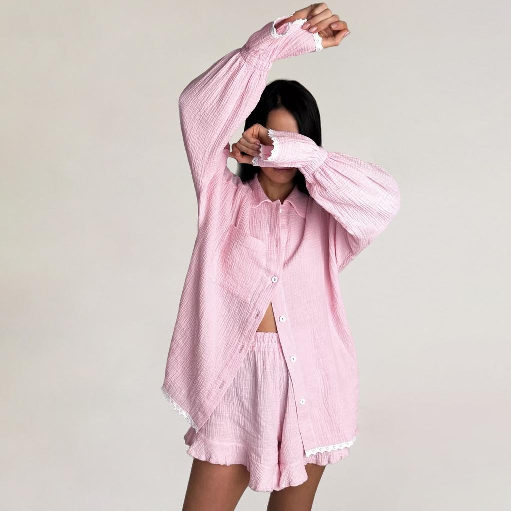 Solid Colour Crepe Cotton Pajamas Long Sleeve Shorts Ruffle Two Piece Set Homewear Ladies