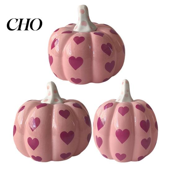 Ceramic Pumpkin Decor Pink with Heart Pattern, Artificial Figurine, Autumn Harvest Table Fall Tabletop Ornaments for Harvest, Thanksgiving, Halloween