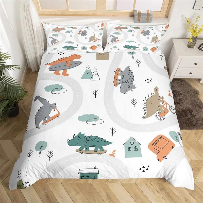 Cartoon Dinosaur Duvet Cover Cute Animal Bedding Set Microfiber Jungle Dino Christmas Theme Quilt Cover Single Double King Size