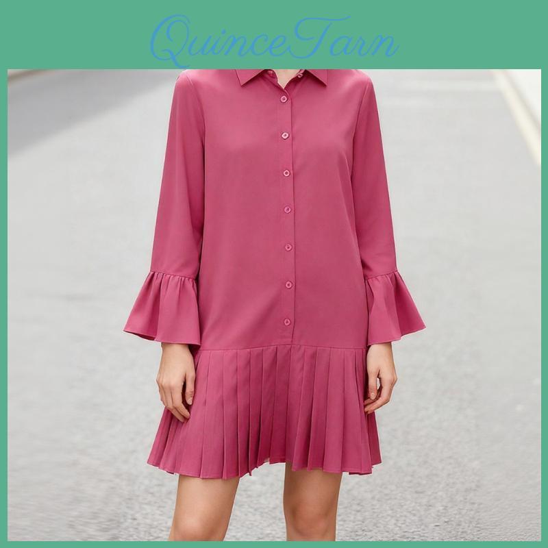 Elegant Vonda Casual Lapel Women Neck Long Sleeve Ruffled Shirts Dress
