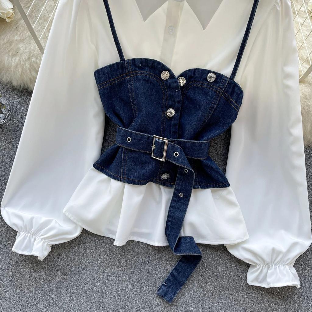 Korean Series Wear Age-Reducing Set Retro Denim Cami Stacked All-Matching Puff Sleeve Shirts Two-piece Set Top