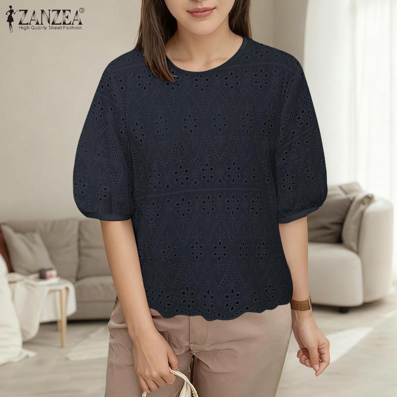 ZANZEA Женская повседневная блузка с круглым вырезом, коротким рукавом, вышивкой, крючком, пэчворком