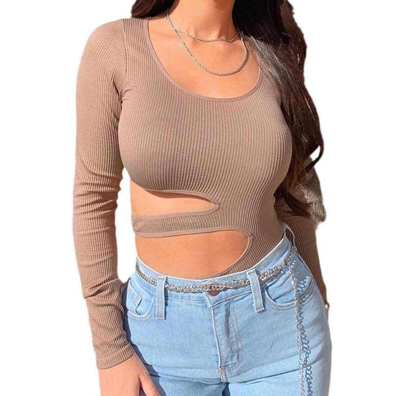 Женский осенний модный облегающий однотонный комбинезон с круглым вырезом и длинными рукавами