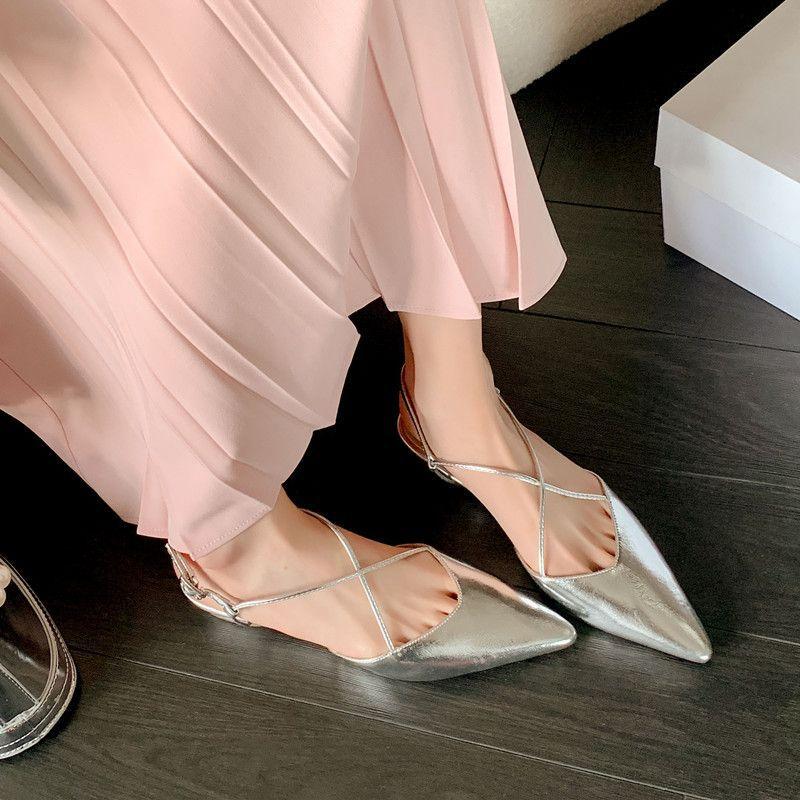 Sexy bag head silver sandals women's 2025 summer French cross-strap empty flat heel single shoes light mouth pointed flat shoes