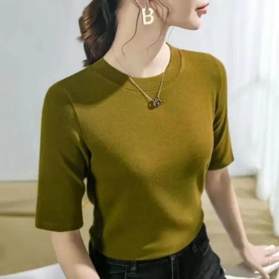 YYFS Женские модные повседневные летние весенние однотонные блузки и рубашки с круглым вырезом и рукавами 1/2 с принтом