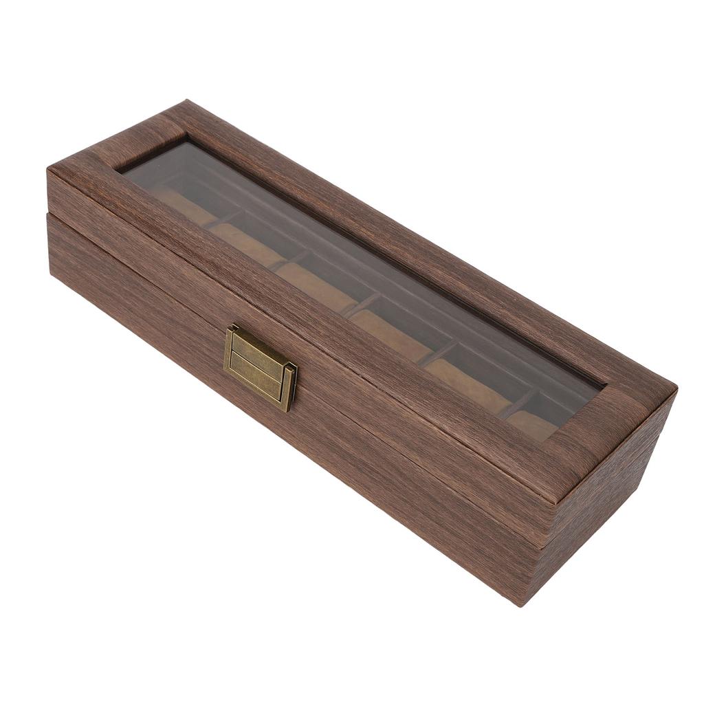 6 Slot Watch Storage Display Box Wood Grain PU Leather Lockable Wristwatch Protective Box