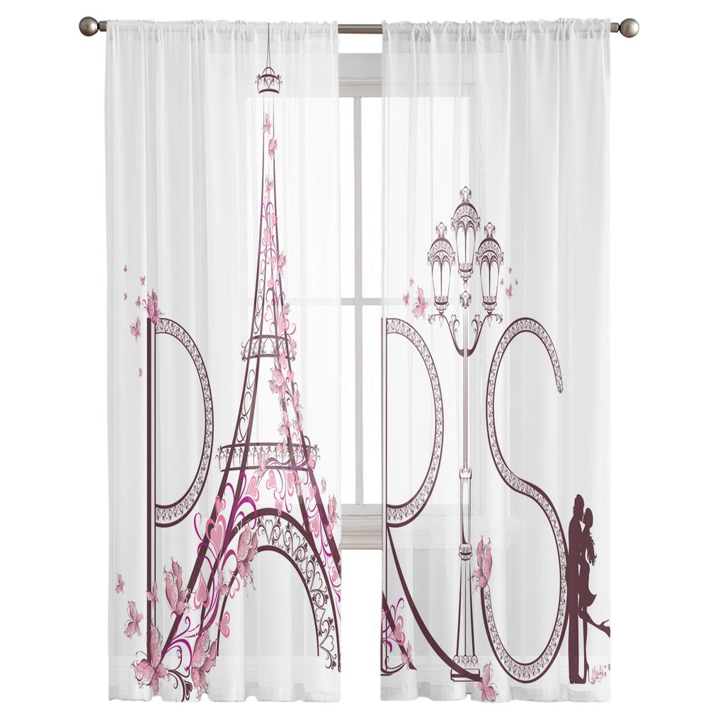 France Paris Eiffel Tower Pink White Chiffon Sheer Curtains for Living Room Bedroom Decoration Window Voiles Tulle Curtain