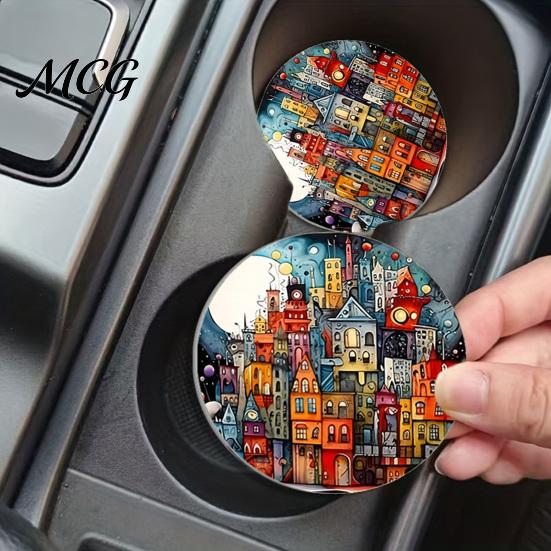 Easy Clean Car Coasters 2PCS Coasters, Oil Painting Print, Decorative Non-Slip Thermal Pads, Stain-Resistant Modern Accessory Gift to Cup Holders, for