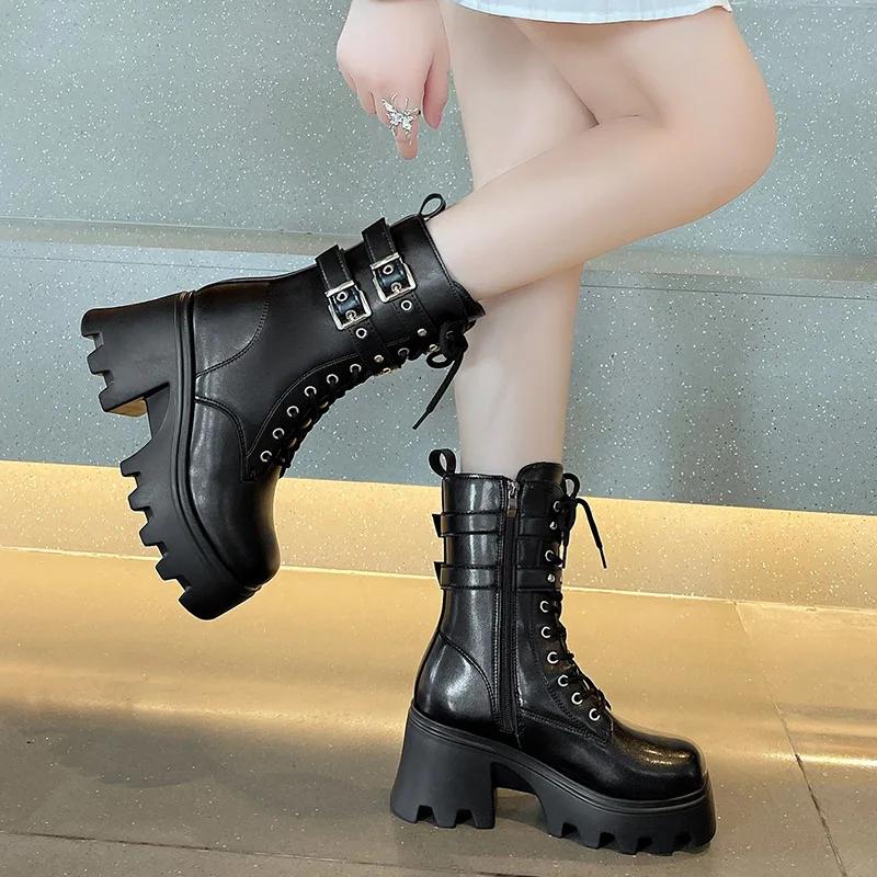 Женские сапоги в стиле панк, женские сапоги на платформе с пряжкой, готические сапоги до середины голени, осенние женские мотоциклетные сапоги из искусственной кожи, большой размер 42