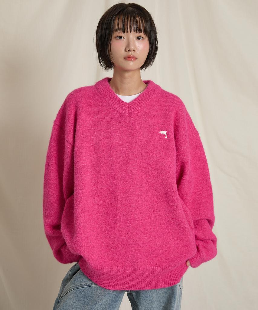 WAIKEI Dolphin Hairy V-Neck Knit Pink