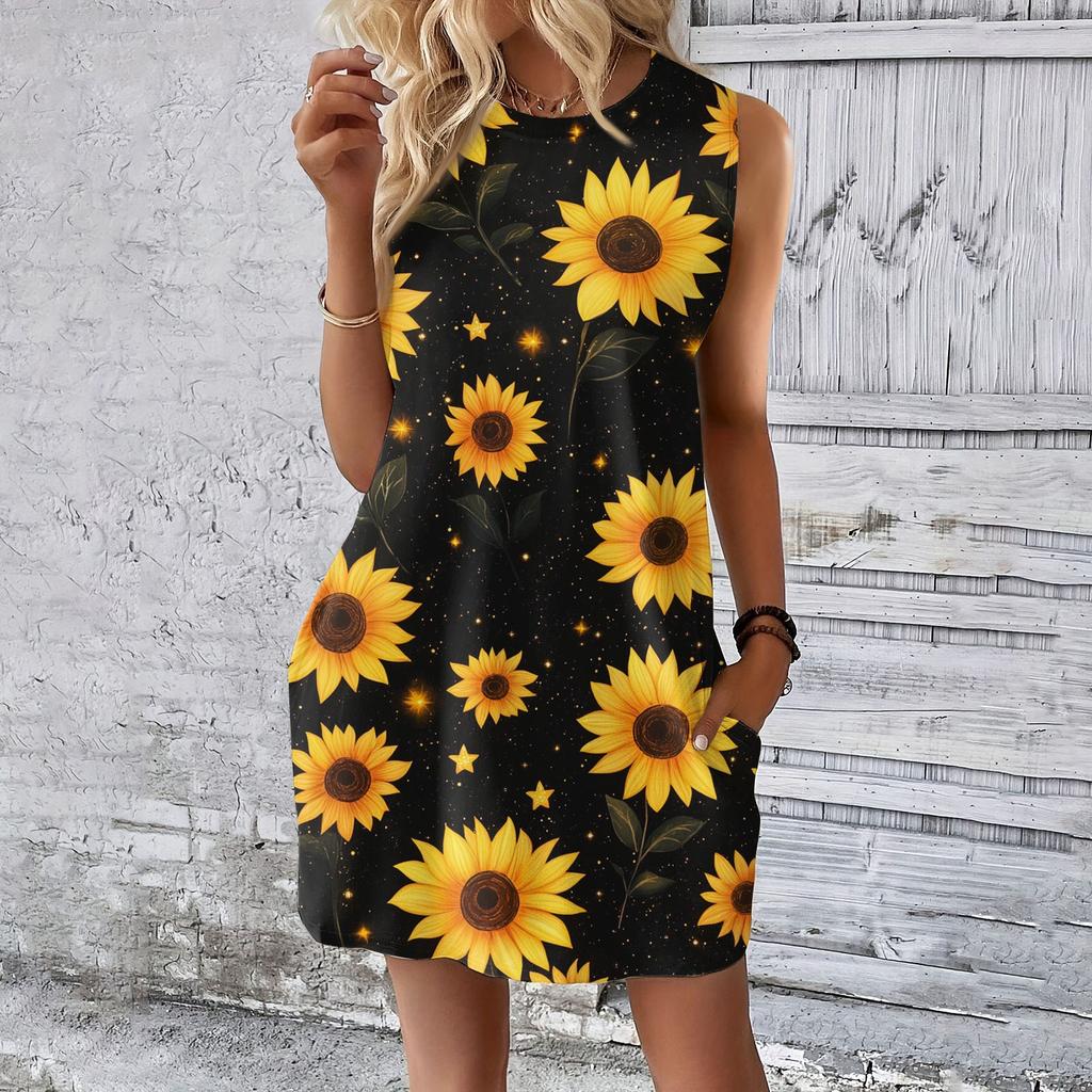 Женское повседневное и модное платье средней длины с круглым вырезом и без рукавов с принтом