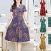 Women Summer Dress V Neck Long Sleeve Chinese Style Short Sleeves Printed A-line Pleated Pockets Knee Length Mid-aged Women Mother Midi Dress