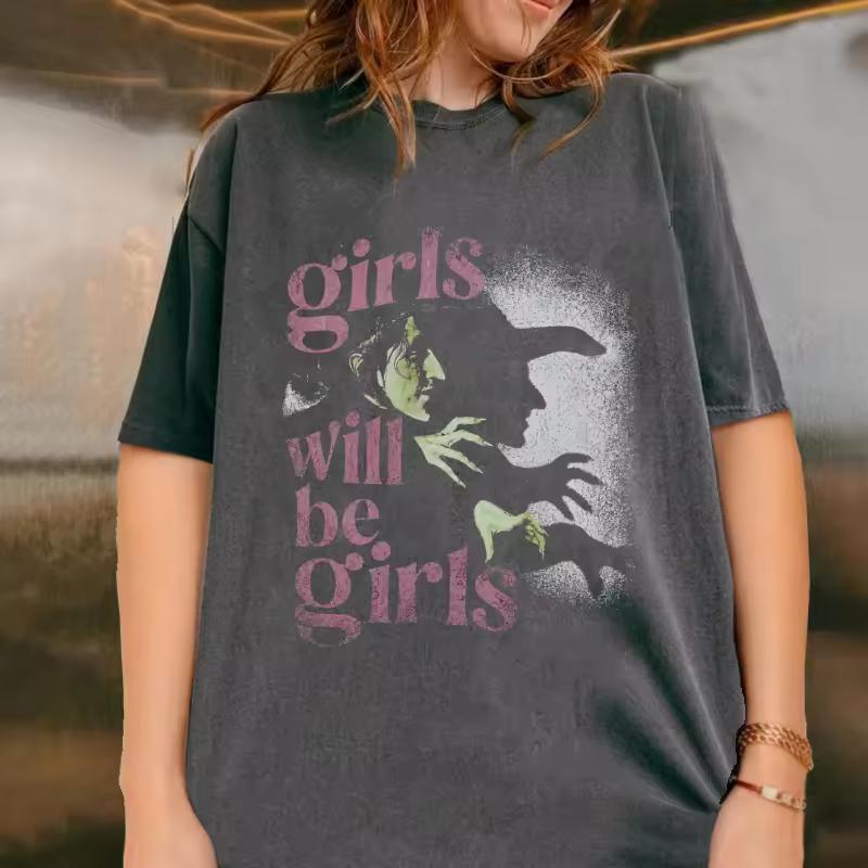 Girls Will Be Girls T-Shirt Cotton Short Sleeve Witchy Feminist Tshirt Vintage Washed Goth Graphic Tee Halloween Cotton Short