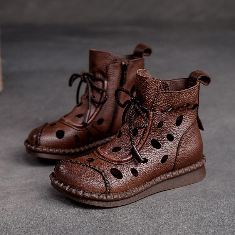 Johnature Women Shoes Summer Sandals Genuine Leather Round Toe Lace-up Handmade Retro Breathable Hollow-out Boots