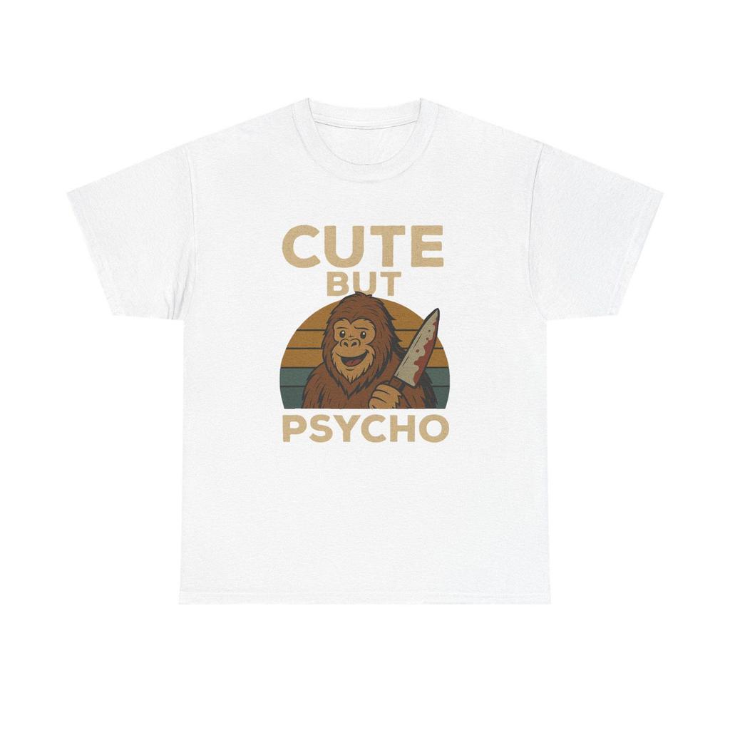 Cute But Psycho Bigfoot Sasquatch tee | Retro sunset Bigfoot holding knife graphic tee