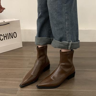 Французская мода толстый каблук короткие ботинки женская обувь 2024 новые весенне-осенние одинарные ботинки острый носок серебристый темперамент тонкие ботинки