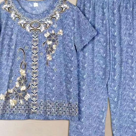 2 шт./компл. женский пижамный комплект среднего возраста с круглым вырезом и вышивкой, с коротким рукавом, большие размеры, эластичная талия, плиссированные