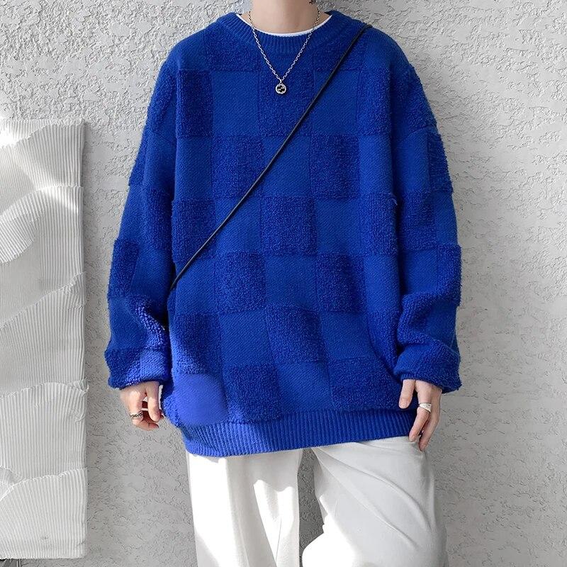 American Style Towel Check Design Fashion Sweater Coat Men's Fall Winter Casual Loose Pullover Unisex Sweater Streetwear