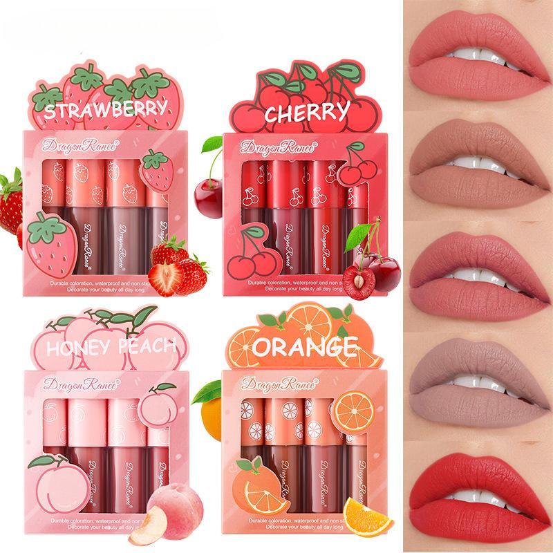 Набор матовых помад Velvet Matte Mist Lip Glaze, невыцветающий, антипригарный, фруктовый блеск для губ, набор из 4 шт., мини-дорожный набор