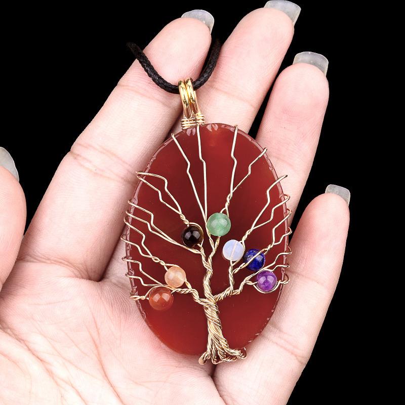 Natural Agate Stone Life of Tree Pendant Necklace Rough Wire Winding Pendant Sweater Chain Jewelry Women's for Necklace 7 Chakra