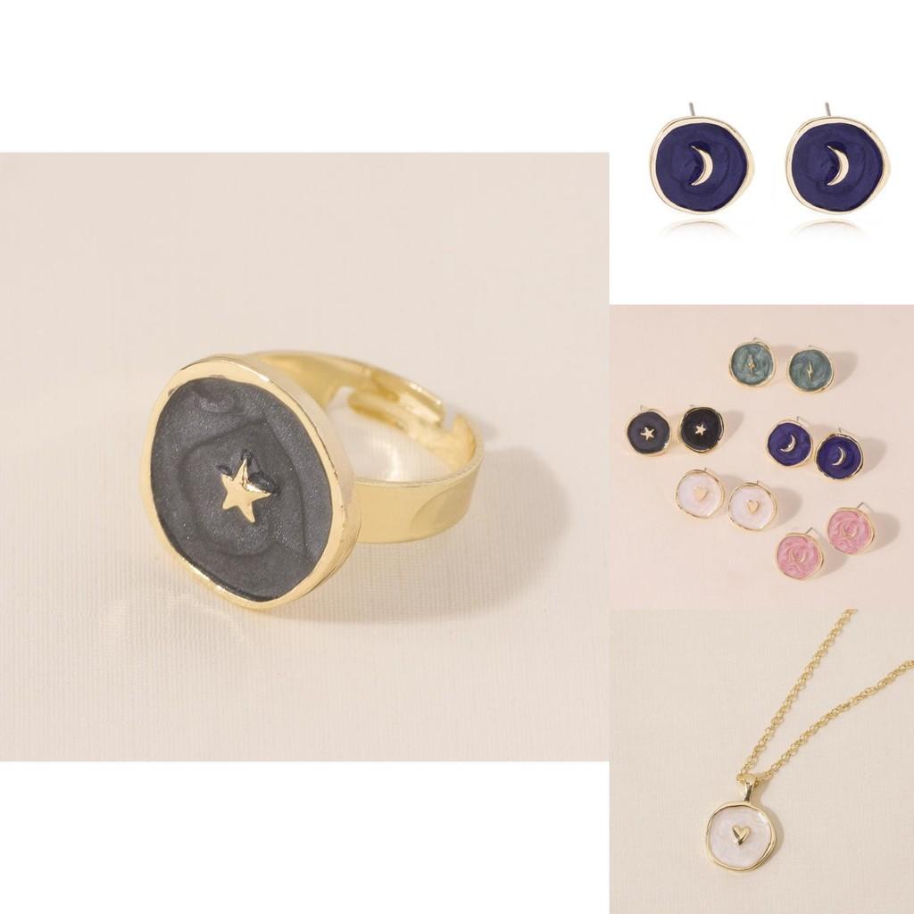 Элегантный набор украшений: серьги-кольца, ожерелье, кольцо с сердечками, луной и звездами, геометрический, из сплава с покрытием